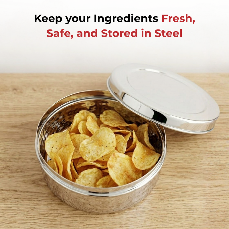 Vinod hammered stainless steel puri dabba set of 4, 300 ml to 1000 ml, airtight lids, in-use view