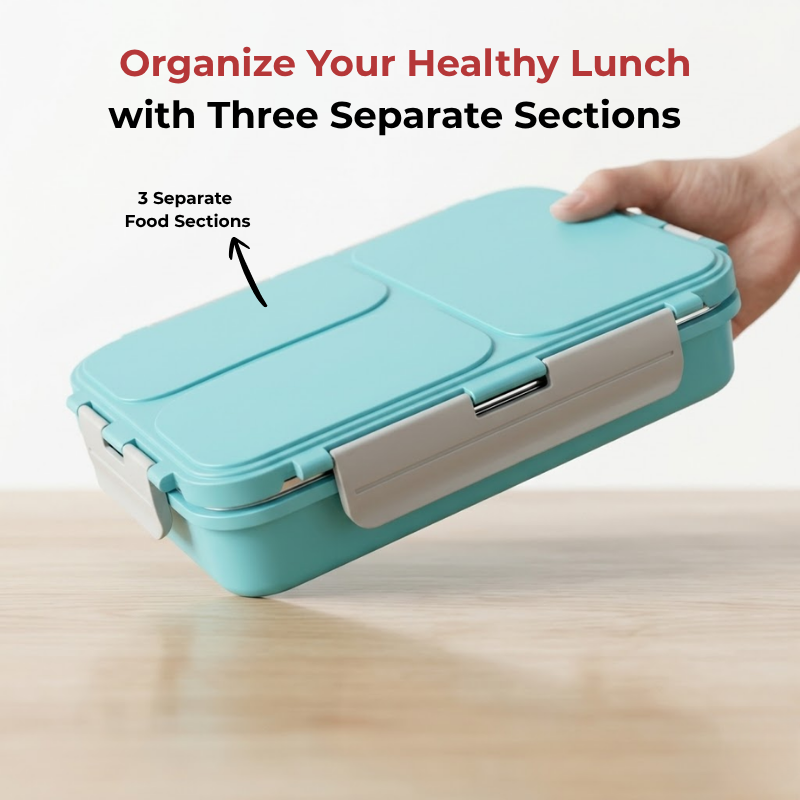 Vinod stainless steel 3 compartment tiffin in blue, silicone-sealed airtight lid, in-use view
