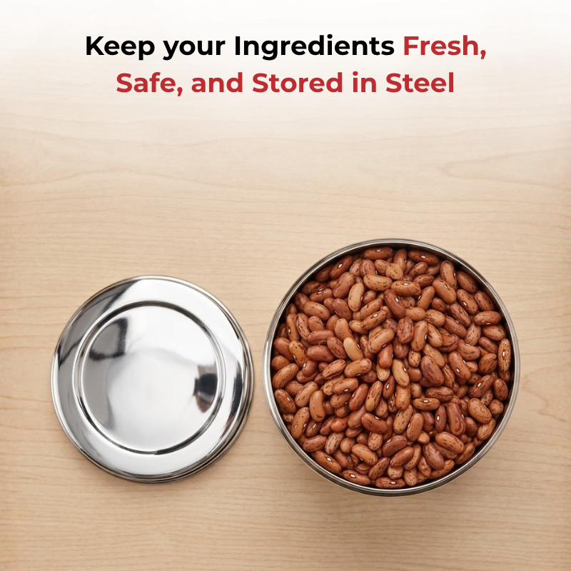 Vinod Stainless Steel Deep Dabba Set of 3 - 350 ml, 500 ml & 750 ml in Steel, in-use view