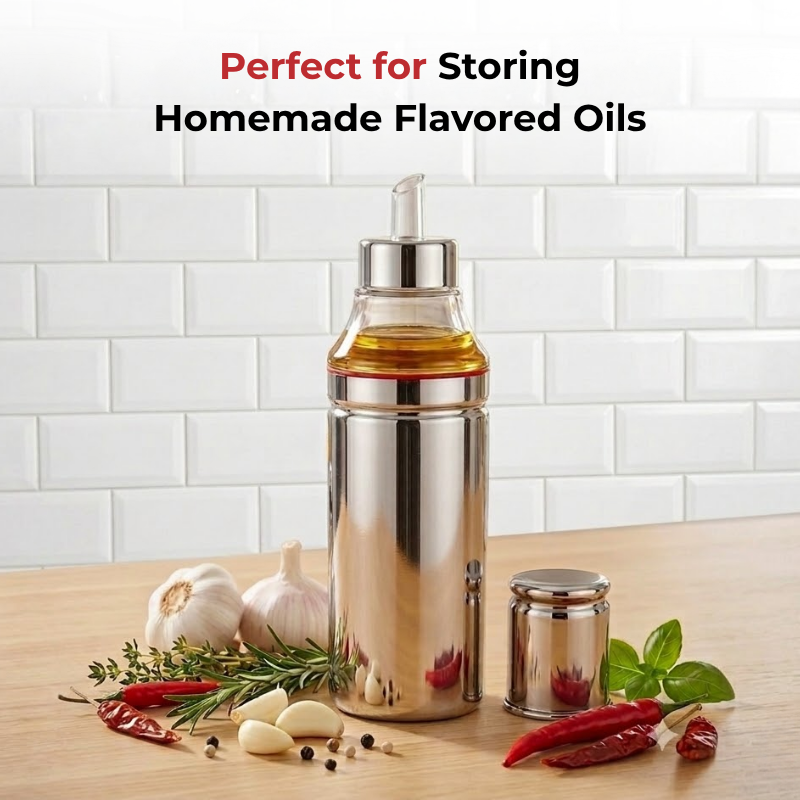 Vinod Stainless Steel Oil Pot with Anti-Drip Spout, in-use view