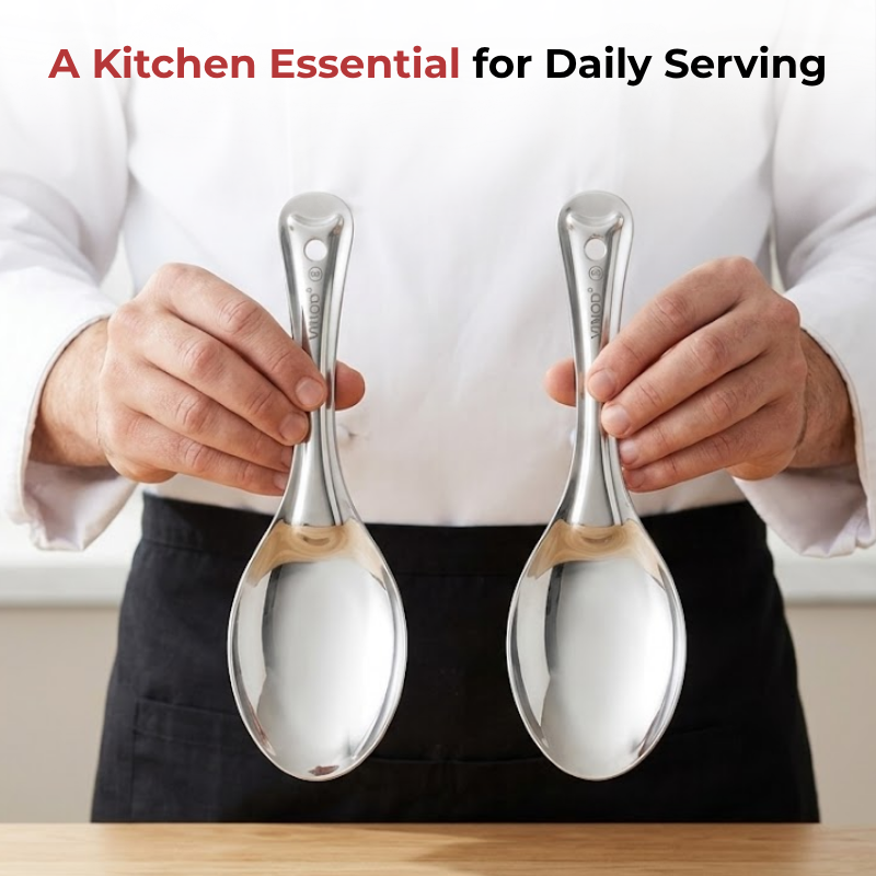 Vinod Stainless Steel Rice Server / Rice Spoon / Rice Chamcha Set of 2, in-use view