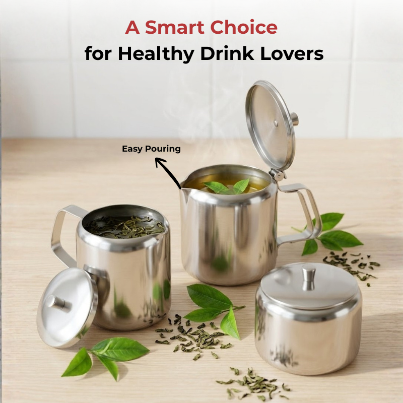 Vinod stainless steel 3 piece jumbo tea set, 1400 ml tea pot with 250 ml milk and sugar pots, in-use view