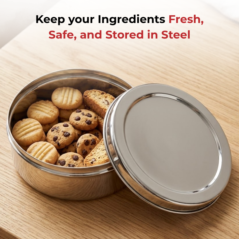 Vinod stainless steel puri dabba set of 4, capacity: 1200 ml, 1500 ml, 2100 ml, 2500 ml, in-use view