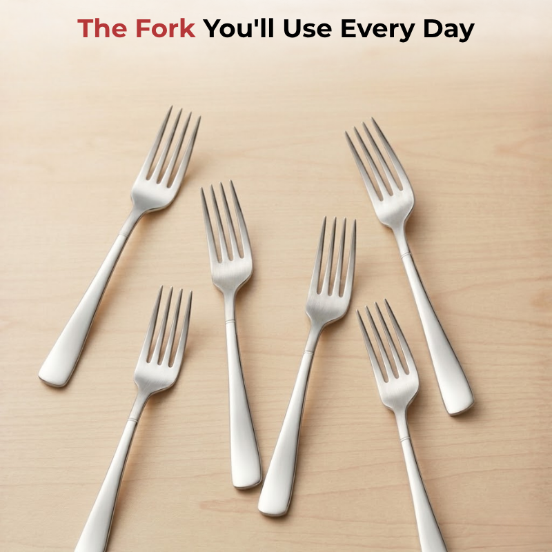 Vinod Aero stainless steel dinner fork set of 12, in-use view