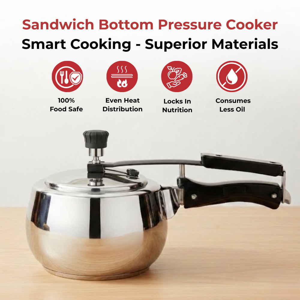 Vinod Doniv stainless steel sandwich bottom pressure cooker with inner lid 2 litre (amaze series), angled view