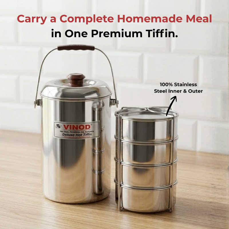 Vinod stainless steel deluxe hot tiffin with 4 compartments, in-use view