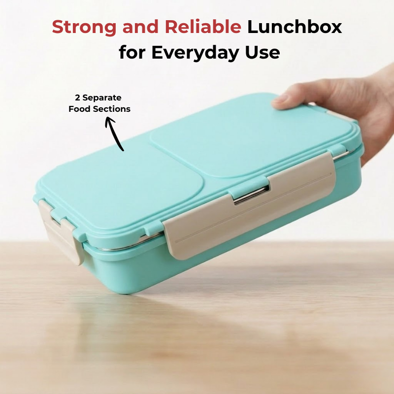Vinod stainless steel 2 compartment tiffin in blue, airtight and leak-proof, in-use view