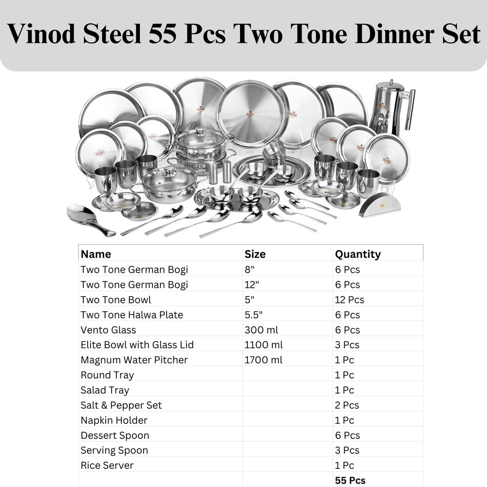 Vinod 55 Pieces Two Tone Stainless Steel Dinner Set, side view