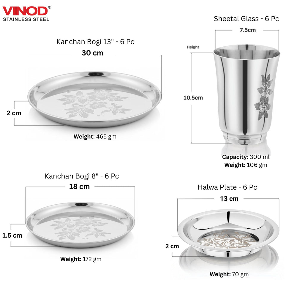 Vinod 58 piece laser stainless steel dinner set, top view