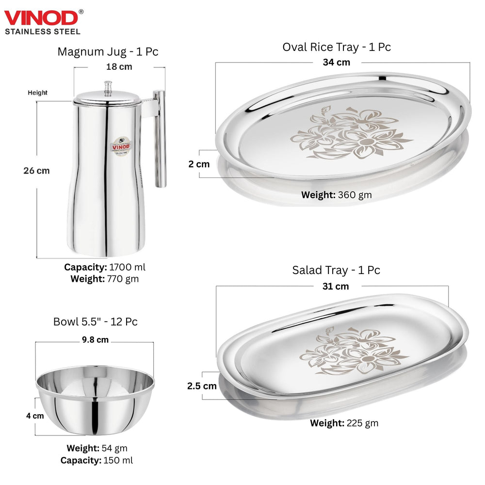 Vinod 58 piece laser stainless steel dinner set, angled view