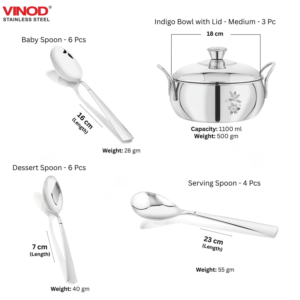 Vinod 58 piece laser stainless steel dinner set, close-up detail