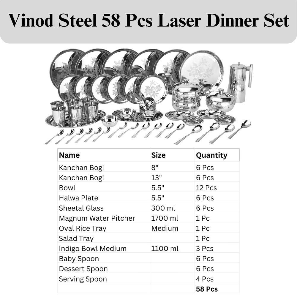 Vinod 58 piece laser stainless steel dinner set, side view