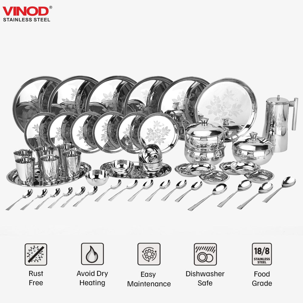 Vinod 58 piece laser stainless steel dinner set, in-use view
