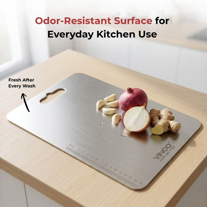Vinod stainless steel chopping board, 30.5 by 20 cm, knife-friendly surface, product view 7