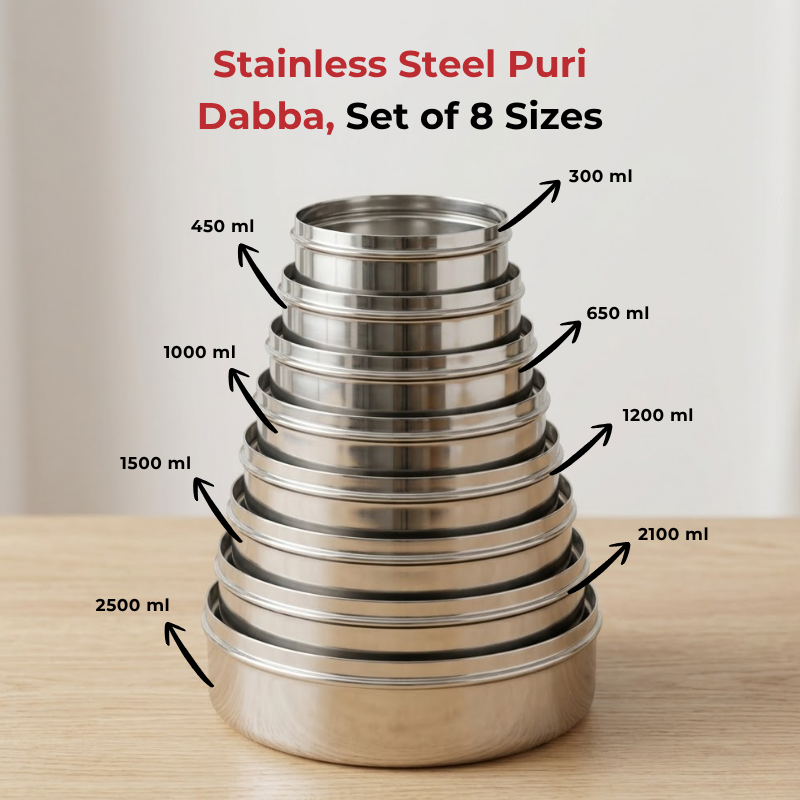 Vinod stainless steel puri dabba set of 8, capacity: 300 ml to 2500 ml, product view 7