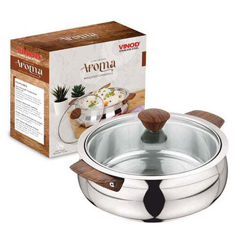 Vinod stainless steel Aroma insulated casserole with glass lid and wooden knob, 2650 ml, top view