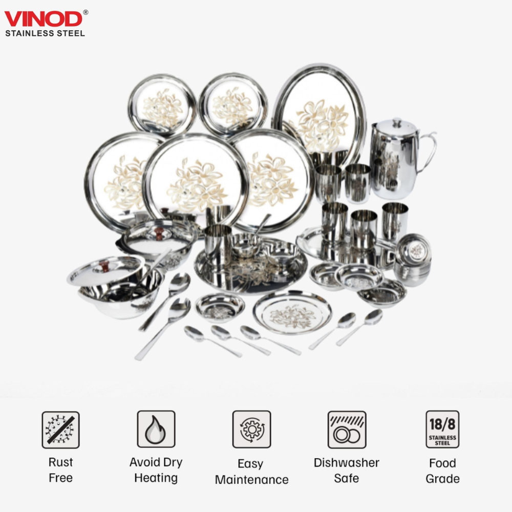 Vinod Laser stainless steel 51 piece dinner set, heavy gauge and dishwasher safe, close-up detail