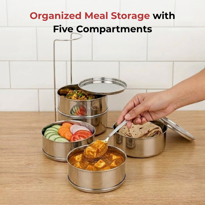 Vinod stainless steel deluxe hot tiffin with 5 compartments, product view 9