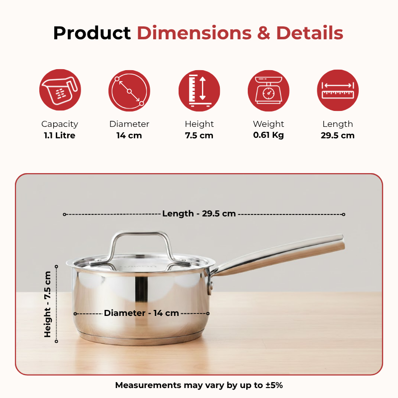 Vinod – Doniv Stainless Steel Majestic Sandwich Bottom Sauce Pan 1.1 Liter/14 cms – Induction Friendly