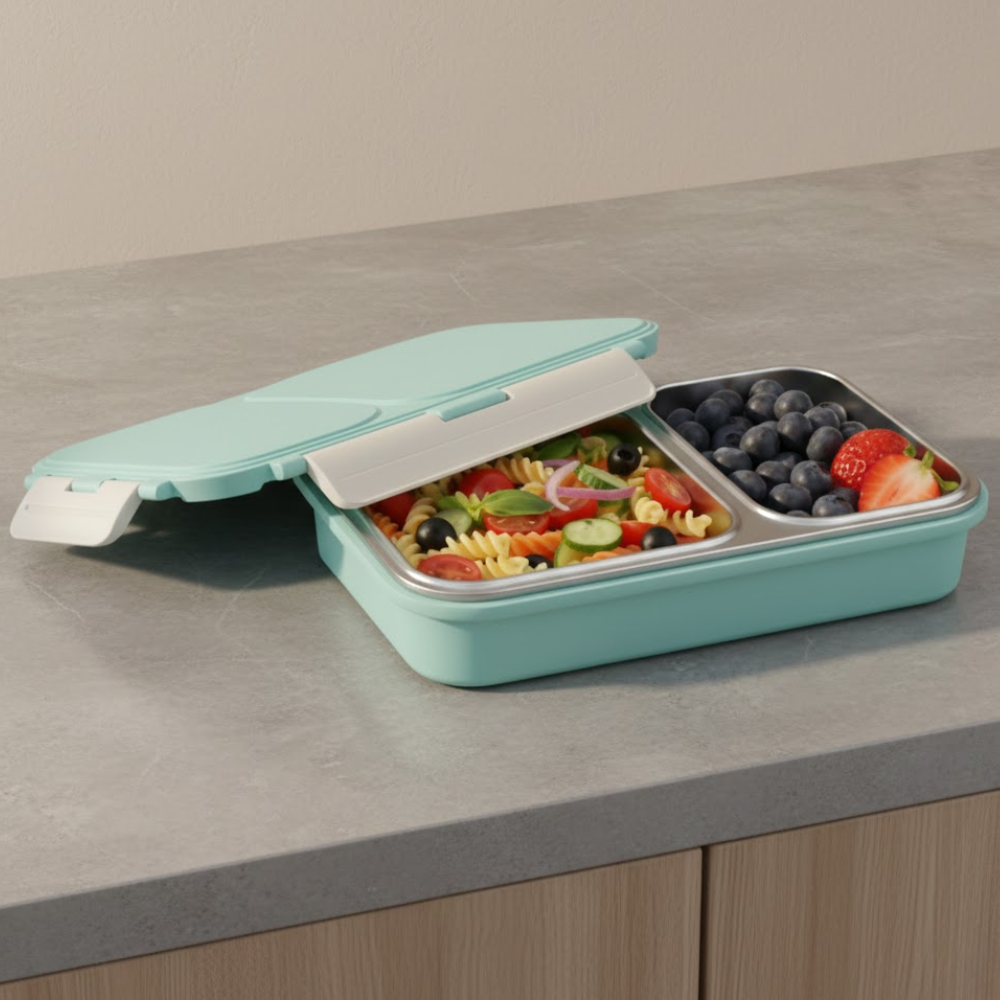 Vinod stainless steel 2 compartment tiffin in blue, airtight and leak-proof, front view
