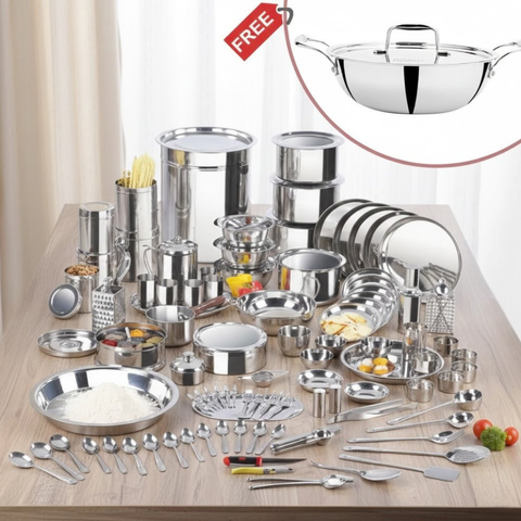 Vinod 114 piece deluxe Griha Pravesh set with complimentary pawali and kadai, front view