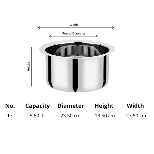 Vinod stainless steel induction friendly flat bottom tope without lid 5.5 litre, no 17, close-up detail