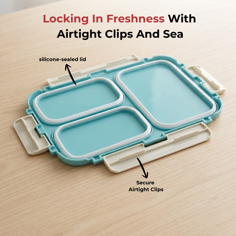 Vinod stainless steel 3 compartment tiffin in blue, silicone-sealed airtight lid, product view 10