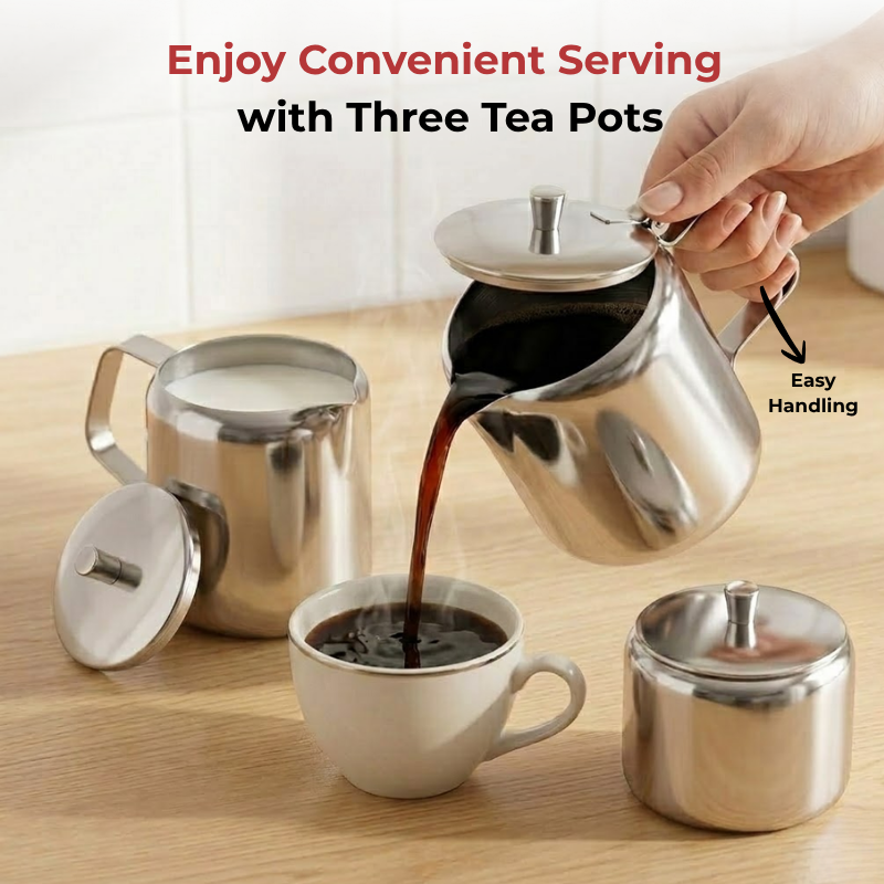 Vinod stainless steel 3 piece jumbo tea set, 1400 ml tea pot with 250 ml milk and sugar pots, product view 9