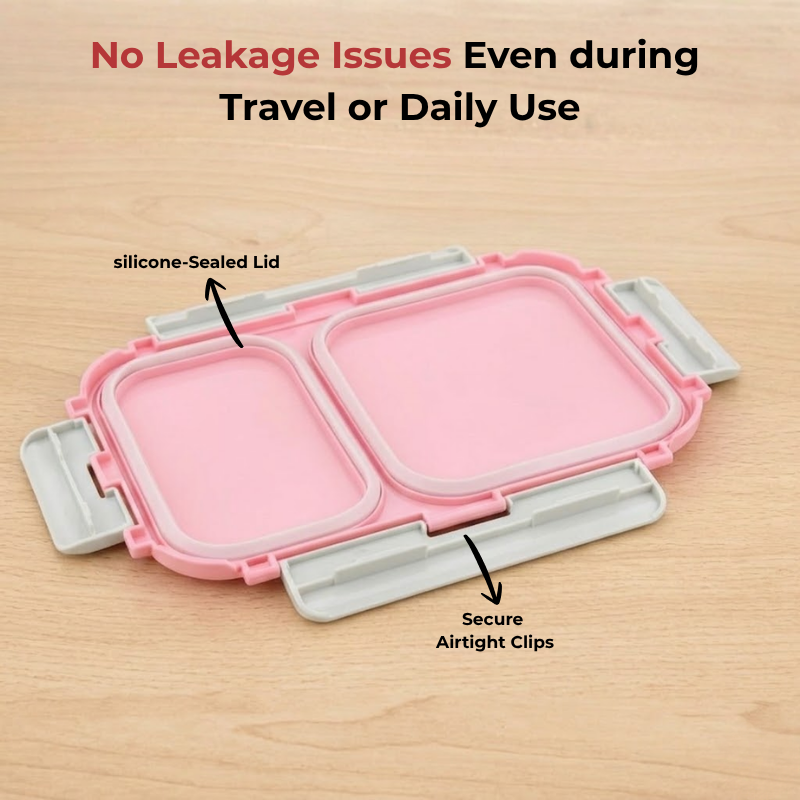 Vinod stainless steel 2 compartment tiffin in pink, silicone-sealed airtight lid, product view 9