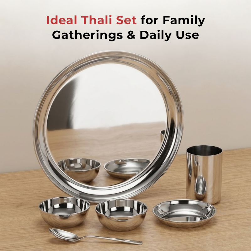 Vinod stainless steel Rajbhog thali 6 piece set with plate, bowls, glass and spoon, product view 7