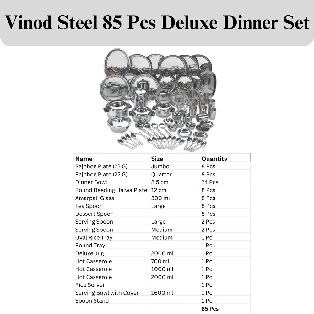 Vinod 85 Pieces Deluxe Stainless Steel Dinner Set, side view