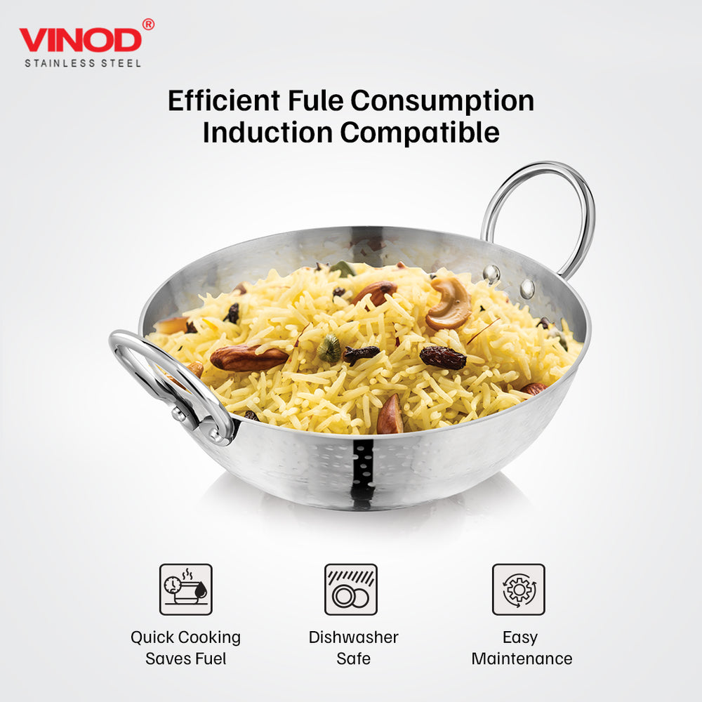 Vinod Claro heavy gauge hammered stainless steel kadai 2.4 litre 24 cm with 900 ml saucepan, set of 2, angled view