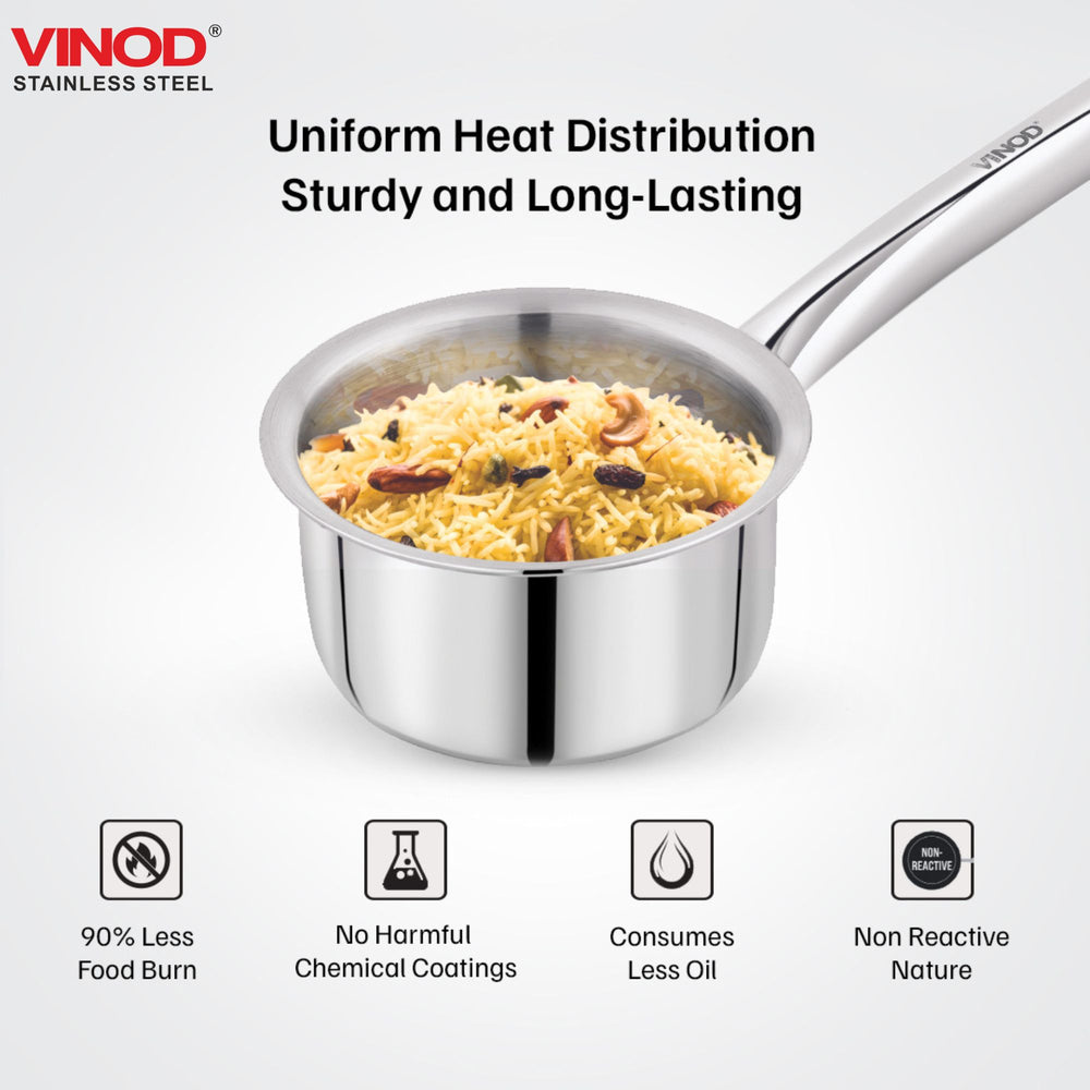 Vinod Claro heavy gauge plain stainless steel kadai 2.4 litre 24 cm with 900 ml saucepan, set of 2, top view