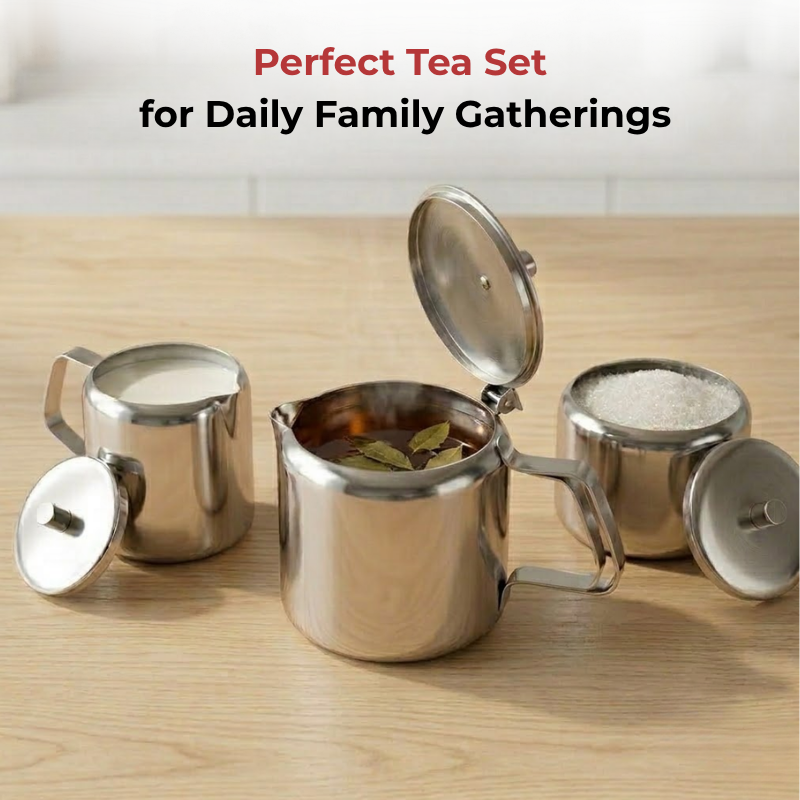 Vinod stainless steel 3 piece large tea set, 1000 ml tea pot with 250 ml milk and sugar pots, product view 10