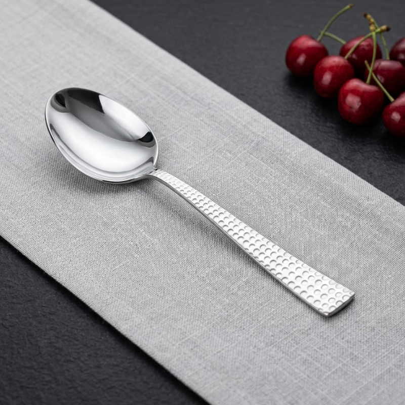 Vinod Aero hammered stainless steel baby spoon set of 12, mirror polish, front view