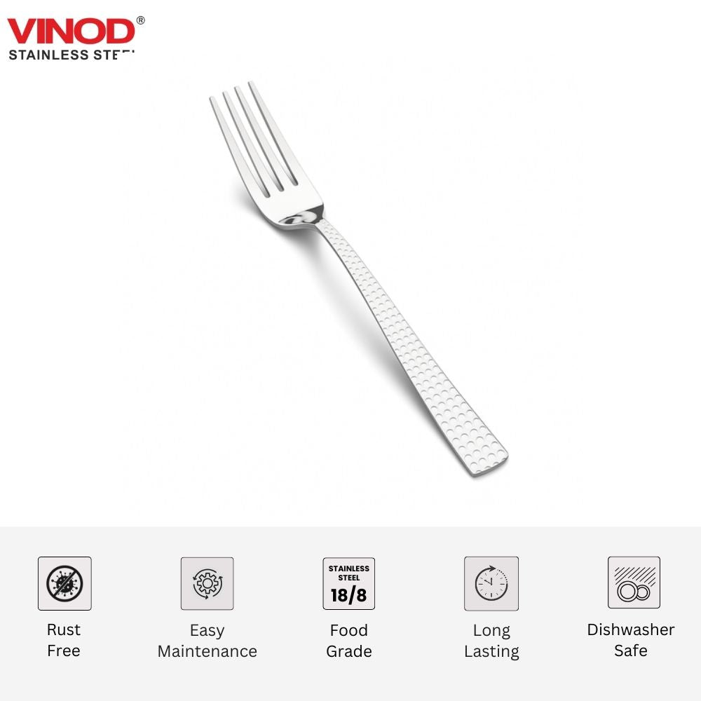 Vinod Aero hammered stainless steel dinner fork set of 12, mirror finish, angled view