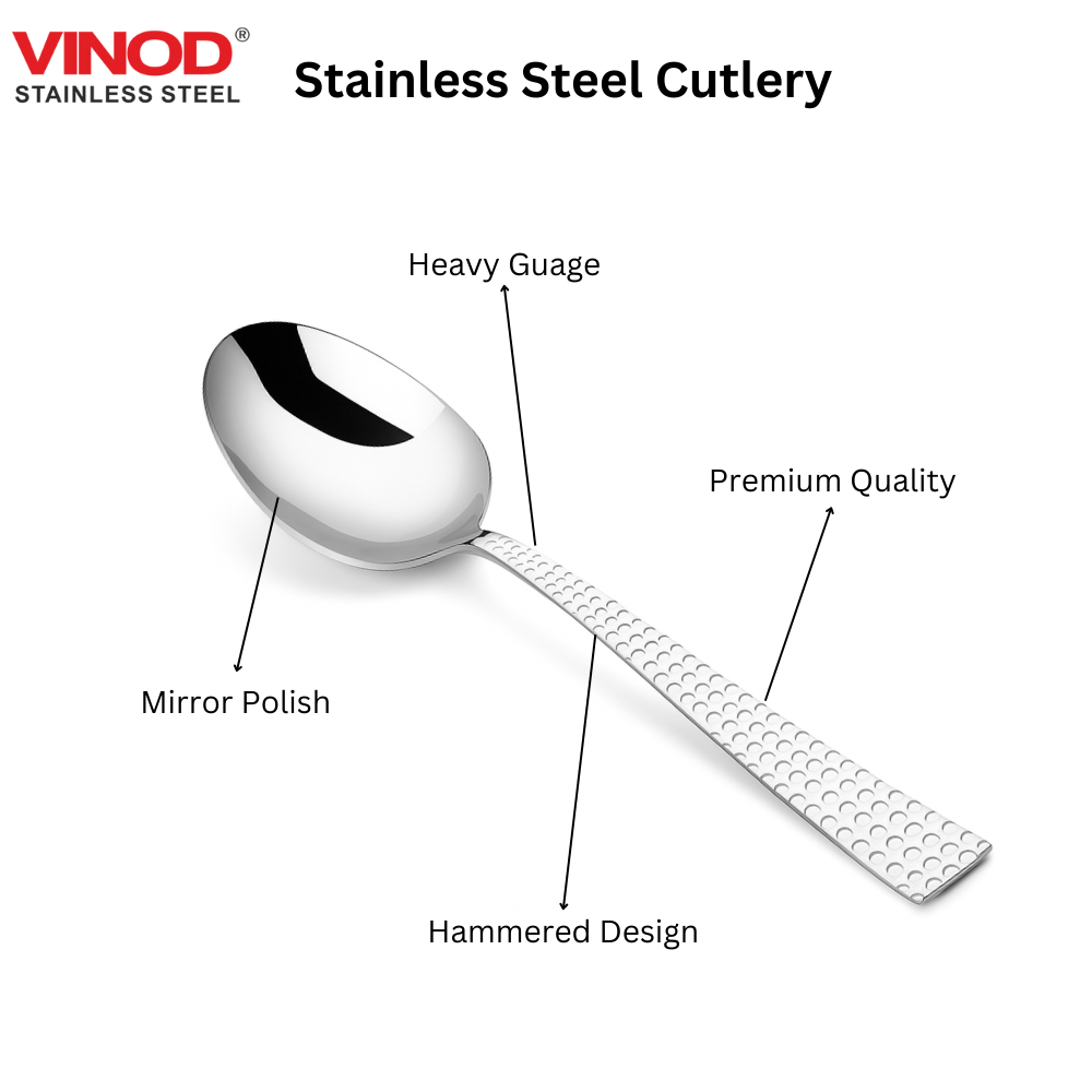 Vinod Aero hammered stainless steel baby spoon set of 12, mirror polish, angled view