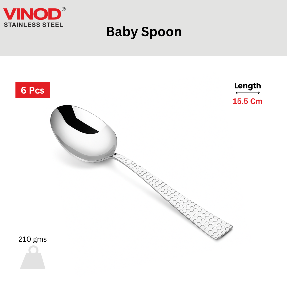 Vinod Aero hammered stainless steel baby spoon set of 12, mirror polish, close-up detail