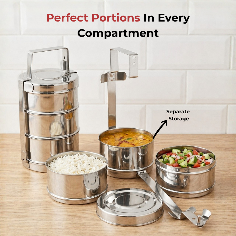 VINOD Bombay Stainless Steel Tiffin 3 Compartment 11 Inch with Highest quality stainless steel, Rust Free, Tough & Strong