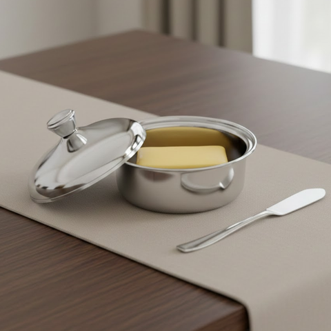 Vinod Stainless Steel Butter Pot with Butter Knife & Lid 100 gram Capacity, front view