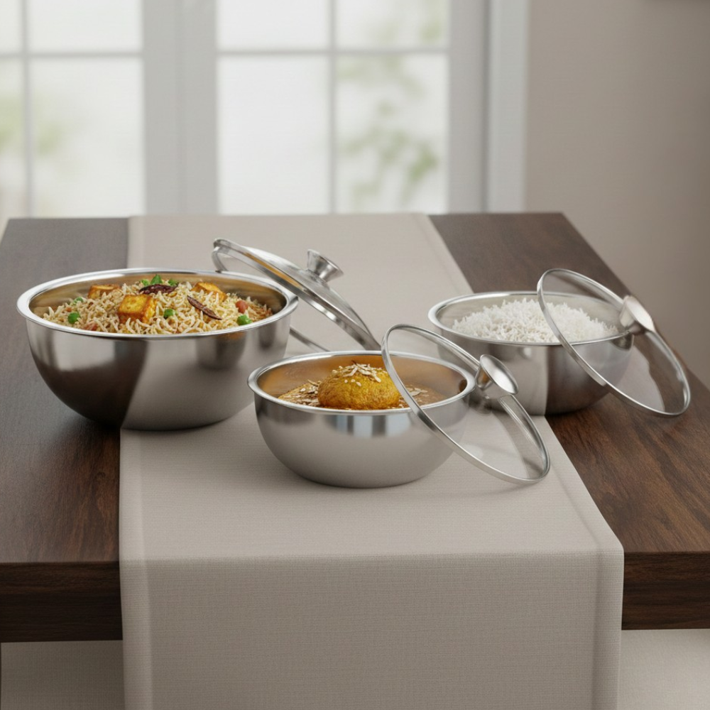 Vinod stainless steel Montero insulated casserole set of 3, 500, 900 and 1500 ml, side view