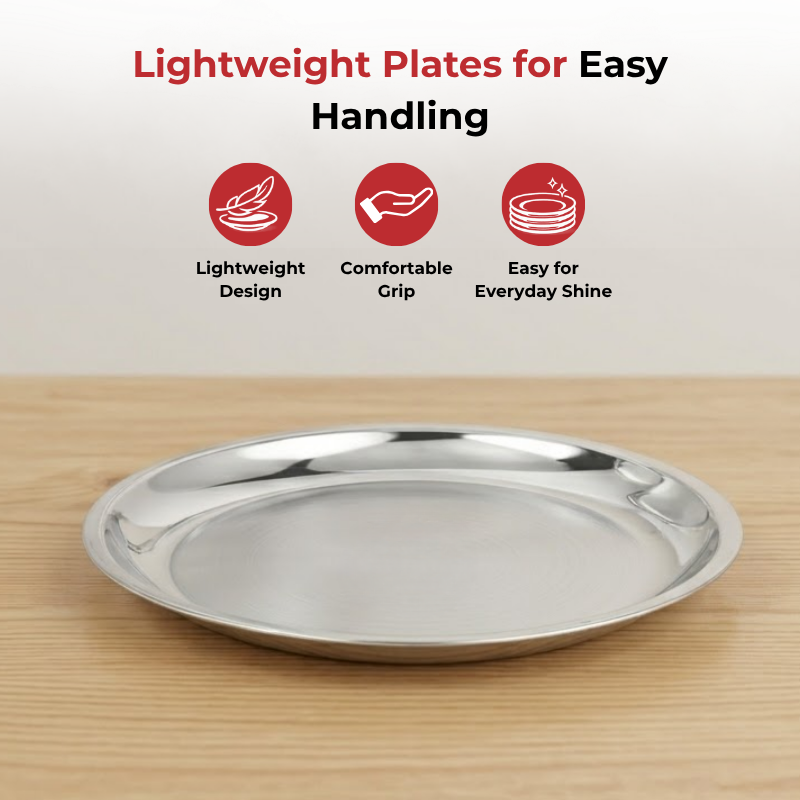 VINOD Stainless Steel China Dish Set of 6 - 25 cm, Serving Dish, Salad Plate, Snack Plate, Highest Quality Stainless Steel, Mirror Finish, Rust Free