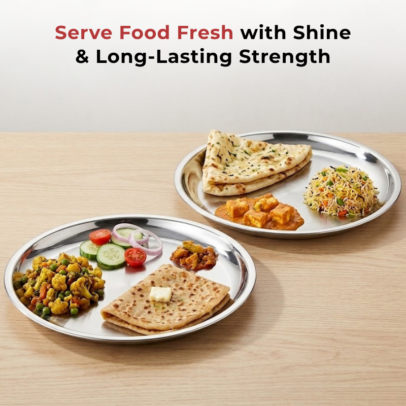 VINOD Stainless Steel China Dish Set of 6 - 25 cm, Serving Dish, Salad Plate, Snack Plate, Highest Quality Stainless Steel, Mirror Finish, Rust Free