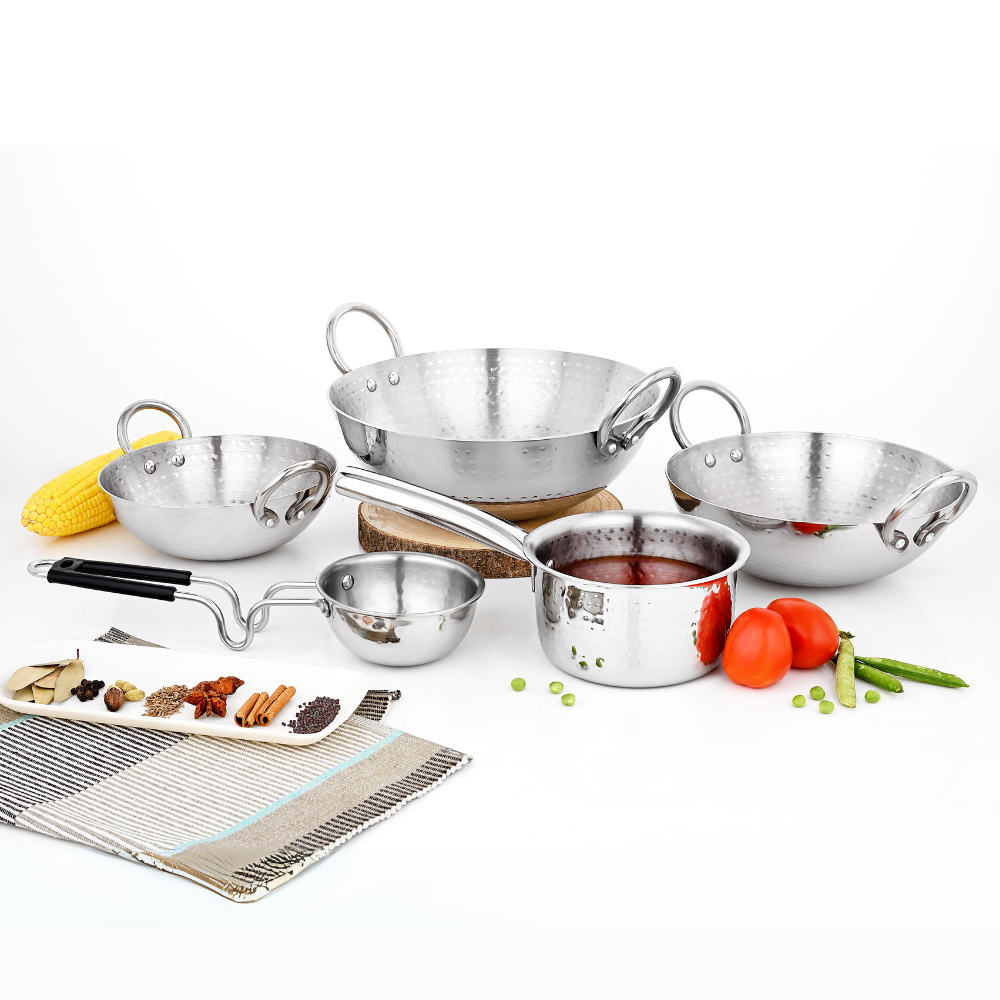 Vinod claro heavy gauge stainless steel hammered cookware set, 5 pcs, side view