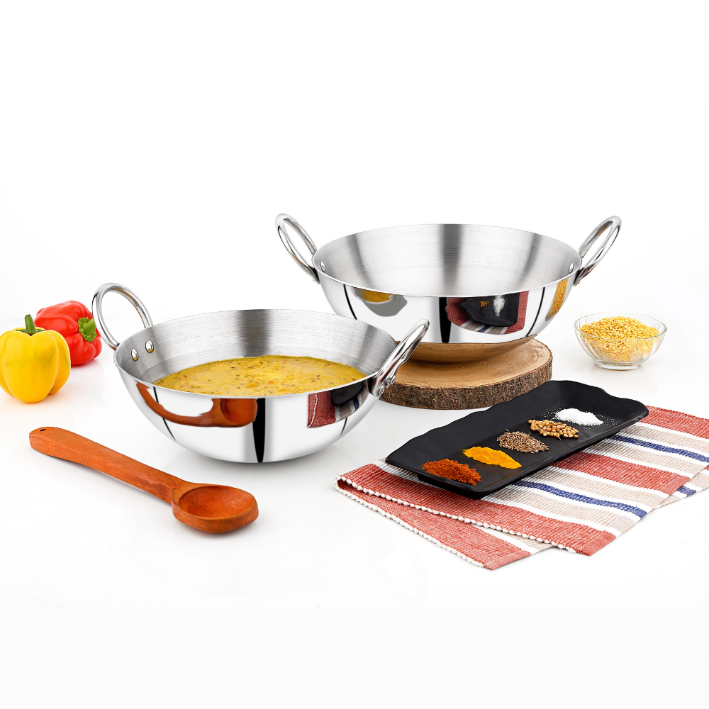 Vinod claro heavy gauge kadai (plain) with 2.5 mm, set of 2, capacity 3.2 litre & 3.8 litre (26cm & 28cm), side view