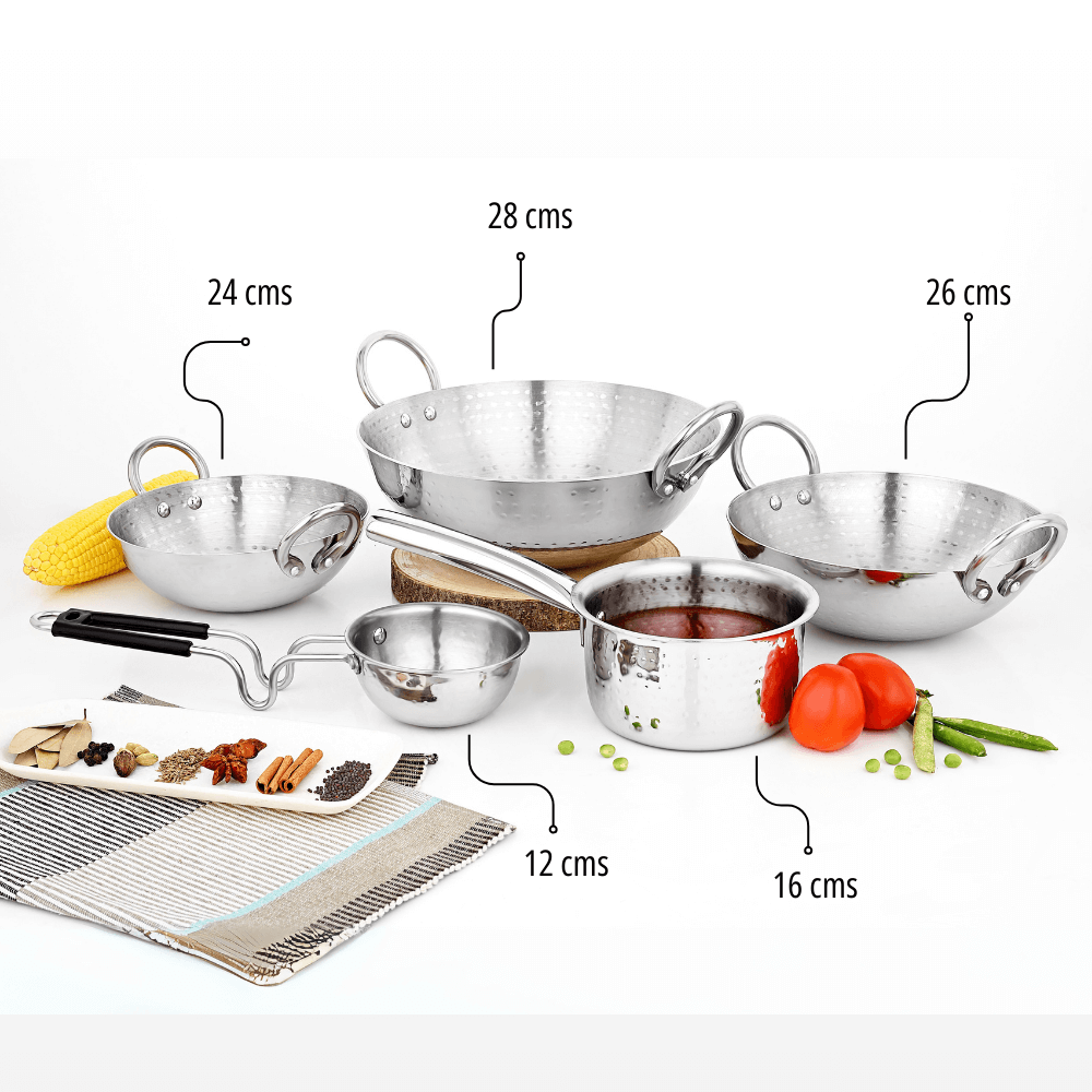 Vinod claro heavy gauge stainless steel hammered cookware set, 5 pcs, top view