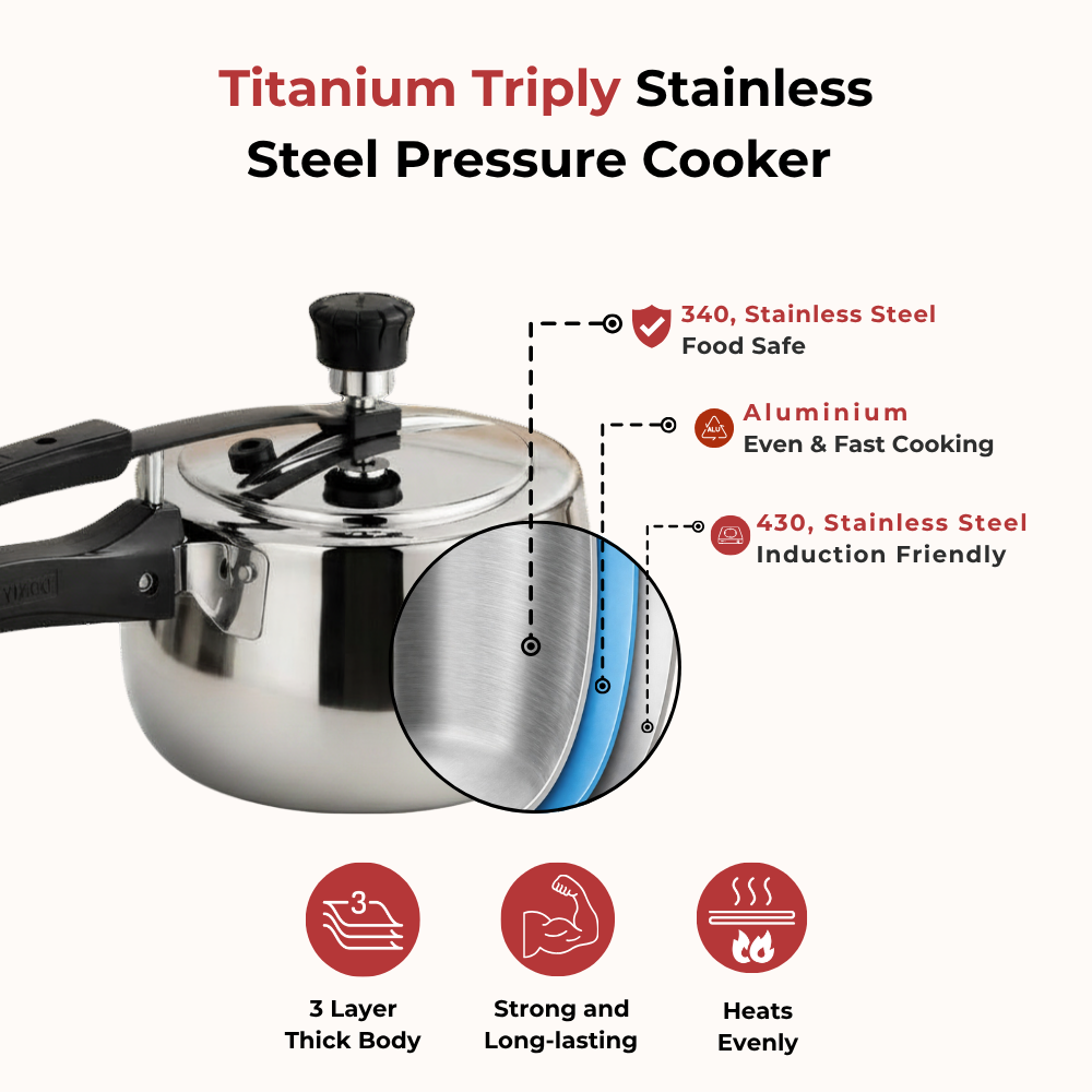 Vinod Doniv Titanium Triply stainless steel pressure cooker with inner lid, 2 litre, triple layer base technology