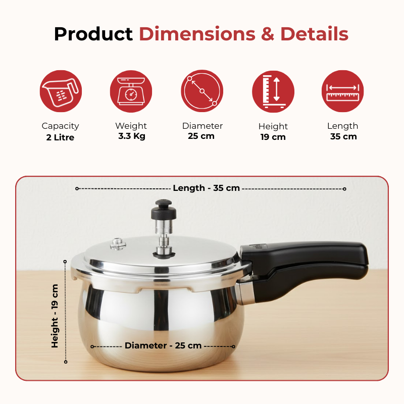 Vinod Doniv Titanium Triply Stainless Steel Pressure Cookers 3 Ltr, dimension chart