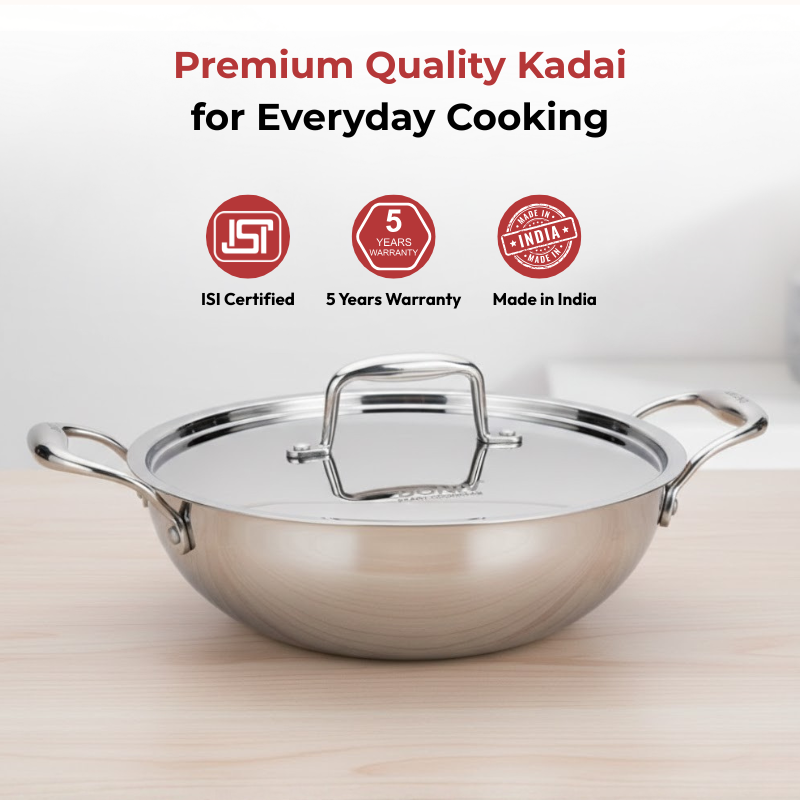 Vinod Doniv Titanium Triply Stainless Steel Kadhai with Cover, close-up detail