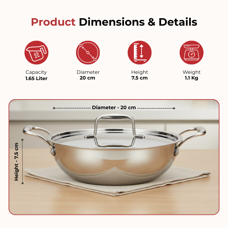 Vinod Doniv Titanium Triply Stainless Steel Kadhai with Steel Lid (20 cm), 1.65 Liter, dimension chart